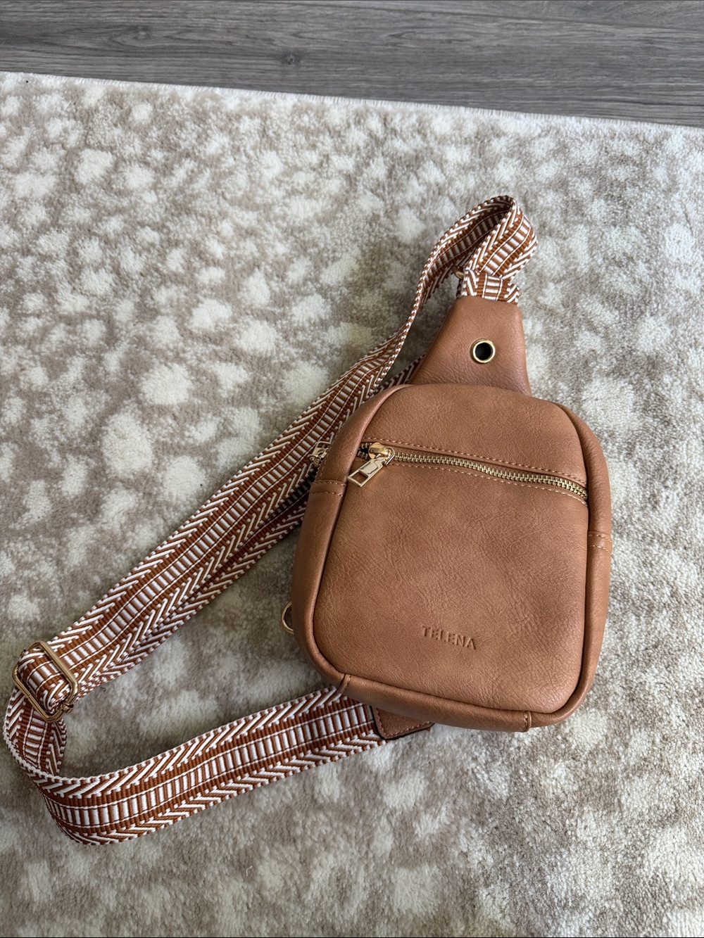 Tan Leather Crossbody Sling Bag with Patterned Strap